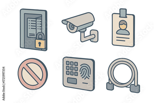 Network Security Icons. Isometric vector illustration set of physical network security icons: server room door with lock, CCTV