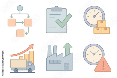 Operations KPI Icons. Isometric vector illustration set of operations KPI icons: supply chain flow chart, quality control