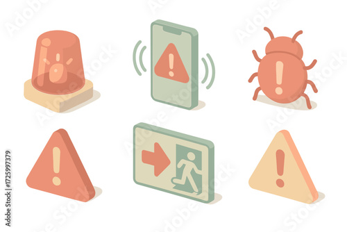 Critical Alert Icons. Isometric vector illustration set of critical alert icons: siren alarm, flashing red triangle, phone alert