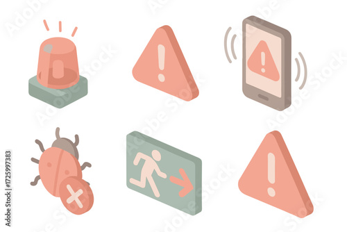 Critical Alert Icons. Isometric vector illustration set of critical alert icons: siren alarm, flashing red triangle, phone alert