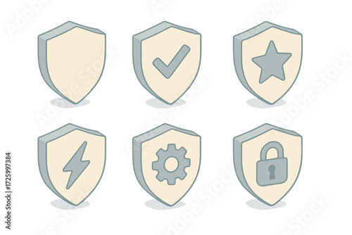 Pastel Shield Icons. Isometric vector illustration set of shield icons: plain security shield, shield with checkmark, shield with