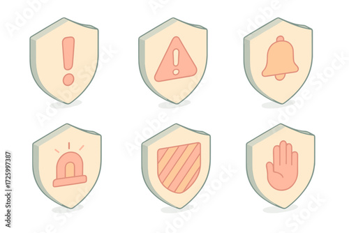 Shield Alert Icons. Isometric vector illustration set of shield and alert combined icons: shield with exclamation mark, shield