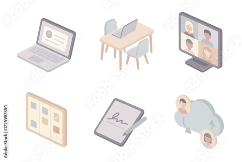Modern Business Icons. Isometric vector illustration set of modern business trend icons: remote work laptop, coworking desk, video