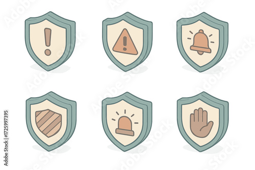 Shield Alert Icons. Isometric vector illustration set of shield and alert combined icons: shield with exclamation mark, shield