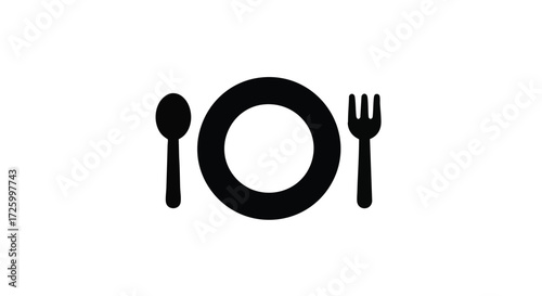 Black silhouette of a spoon, plate, and fork arranged for dining on a white background, representing a meal or restaurant.
