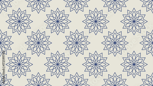 Repeating pattern of navy blue floral designs on a light beige background creating a seamless texture