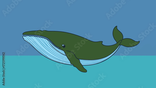 Green whale swimming in blue ocean water illustration