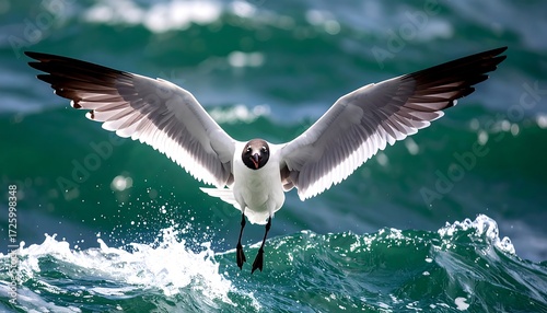 A seagull soaring over choppy water