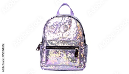 A holographic iridescent mini backpack with a top handle and front zip pocket, isolated on a white backdrop