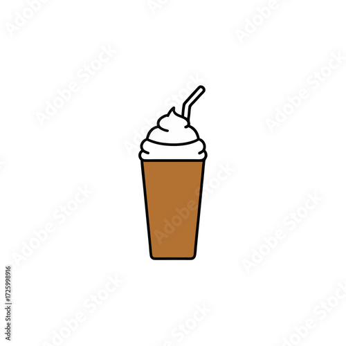 Brown coffee cup with whipped cream and straw isolated on transparent background