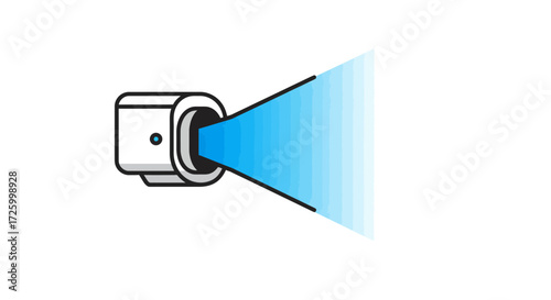 Illustration of a projector emitting a blue light cone on a white background in a simple graphic style