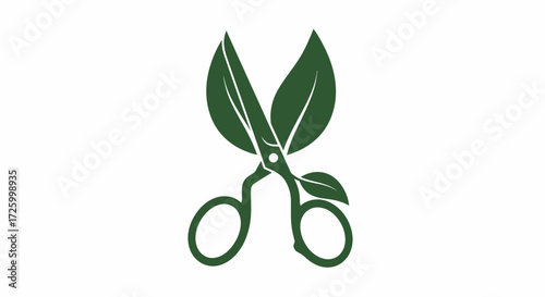 Illustration of green scissors with leaf blades showing a nature or eco friendly cutting concept design