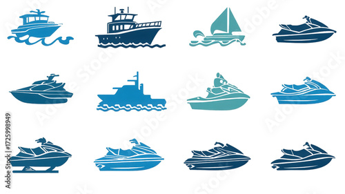 Vector Set of Blue Watercraft Icons Ships Boats and Jet Skis.