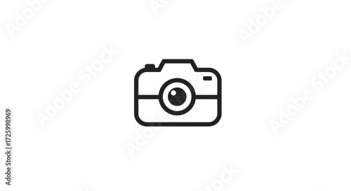 Illustration of a simple black and white camera icon with a lens and a flash indicator on top right