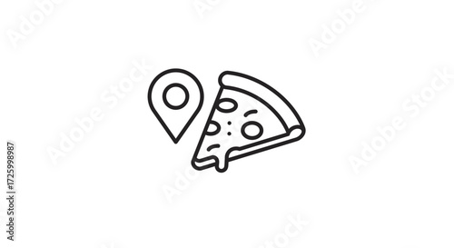 A simple line drawing of a pizza slice with toppings next to a location pin icon indicating delivery