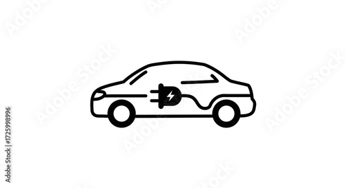 Illustration of an electric car with a charging plug connected to its side in black and white outline