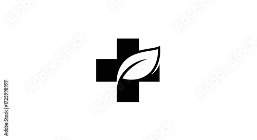 A black medical cross with a white leaf overlayed symbolizing natural or alternative medicine concepts