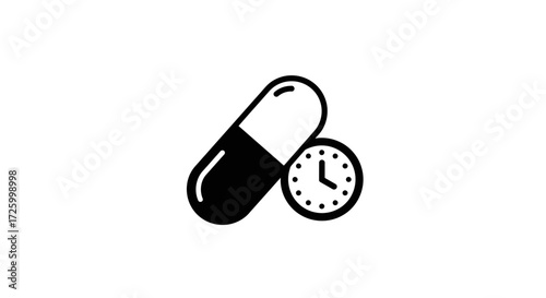 Illustration showing a black and white capsule pill with a clock indicating time for medication intake
