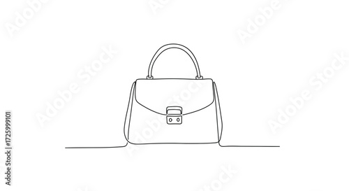 A single line drawing of a handbag with a handle and a clasp on a white background space for text