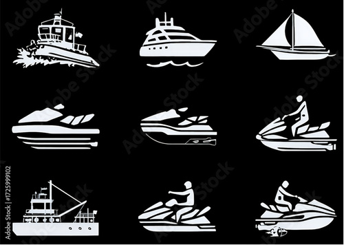 White silhouette icons of various boats and watercraft.