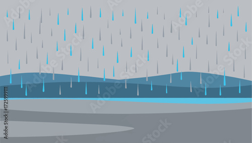 Abstract illustration of heavy rain falling on stylized landscape