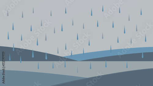 Abstract landscape with falling rain over water and hills