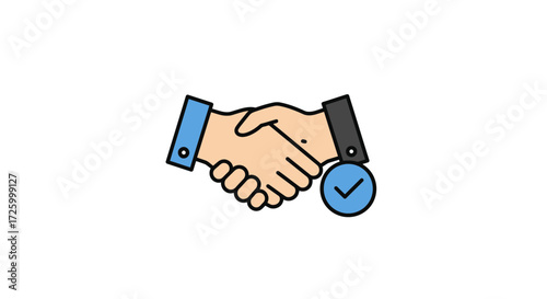 Illustration of a handshake with a checkmark signifying agreement and successful collaboration deal done