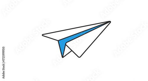 A simple paper airplane with blue accent flying on a white background in a minimalist style art