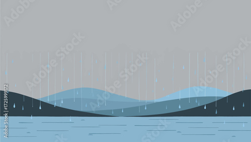 Abstract landscape with rolling hills and heavy rain falling on water