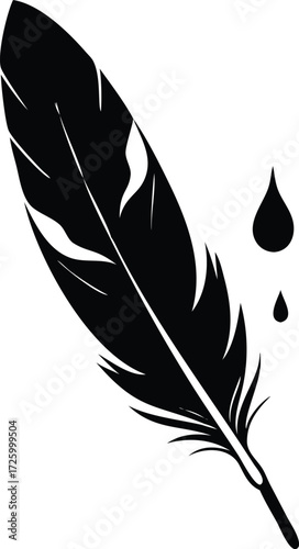 Black silhouette of a quill pen with ink drops on a white background