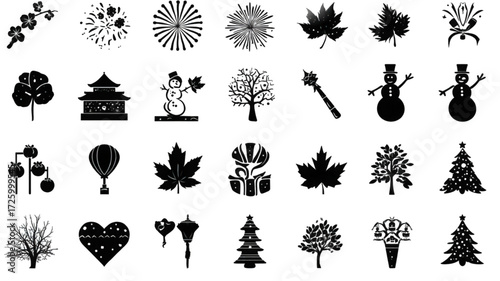 Diverse set of seasonal nature and holiday silhouette icons.