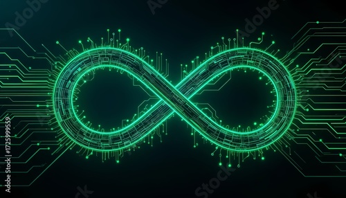 Infinity loop designed with circuit board texture, accented with glowing neon green lines, technology concept banner.