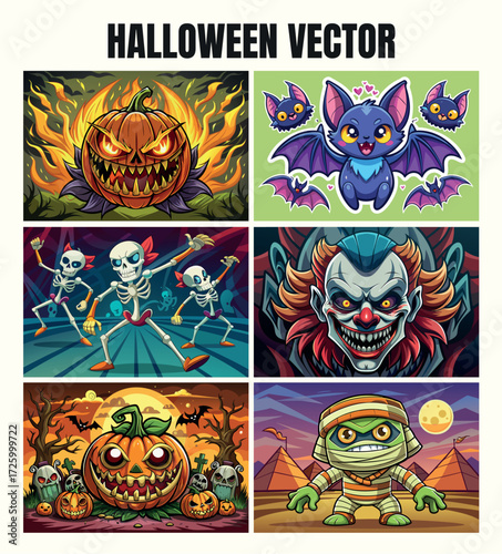 Spooky halloween collection of pumpkins skeletons bat clown mummy and ghoul illustrations for festive decorations