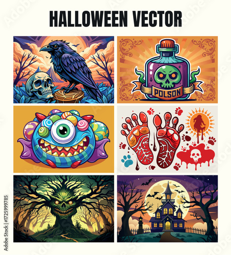 Spooky halloween collage featuring scary creatures ghouls pumpkins skeletons and haunted houses