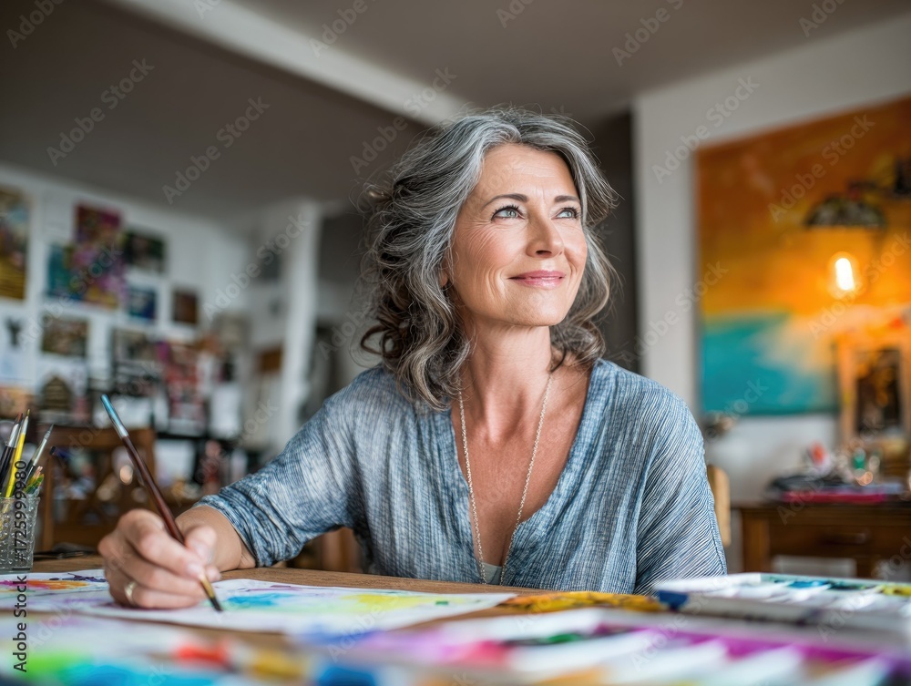 Fototapeta premium A woman paints with watercolors at a table.