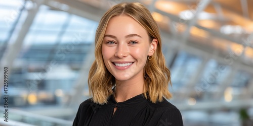 Confident Young Woman Smiling in Modern Airport Terminal Setting