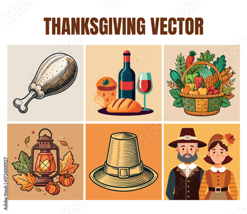 Thanksgiving holiday elements collection featuring food lantern pilgrim hat and couple for festive celebrations