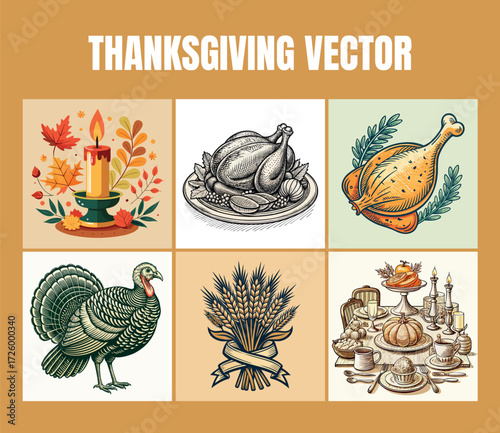 Thanksgiving feast icons featuring roasted turkey candle and autumn harvest elements for festive decor