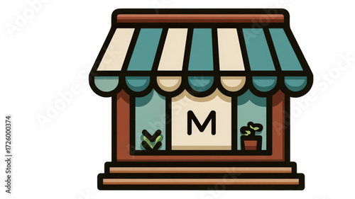 Illustrated cartoon storefront icon with a striped awning.