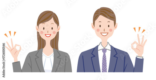 説明するビジネスマンとビジネスウーマンのイラスト　スーツの男女
