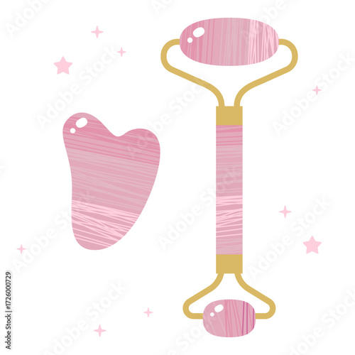 Gua sha pink Roller Face Message Tools Set Symbol Cartoon Illustration