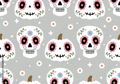 Seamless pattern with Mexican skull and pumpkin. Calavera skulls, Sugar skulls for Mexican Day of the Dead, Day of the dead illustration with traditional Mexican skulls decoration