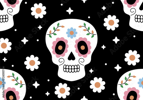 Seamless pattern with Mexican skull and flower. Calavera skulls, Sugar skulls for Mexican Day of the Dead, Day of the dead illustration with traditional Mexican skulls decoration