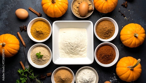 Fototapeta Naklejka Na Ścianę i Meble -  Ingredients for Pumpkin Spice Baking Pumpkin Pies and Desserts
