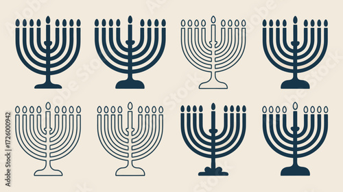 A collection of eight menorah illustrations in varying styles and line weights on a light beige background