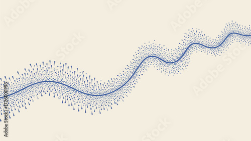 A wavy blue line with small droplet shapes along it on a light beige background creating an abstract pattern