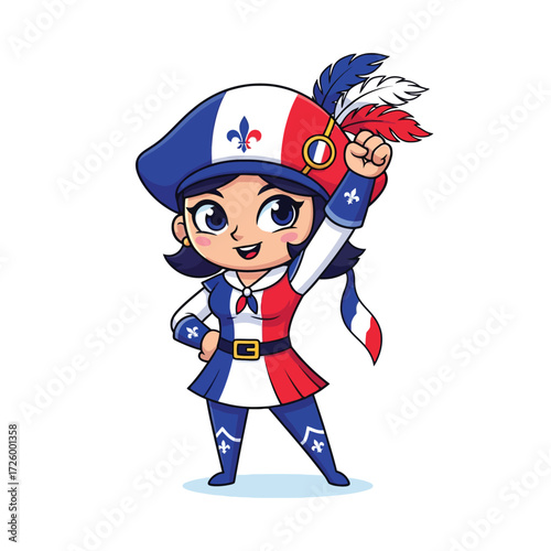Cheerful cartoon girl in traditional Quebecois attire, raising a fist in celebration of Quebec culture