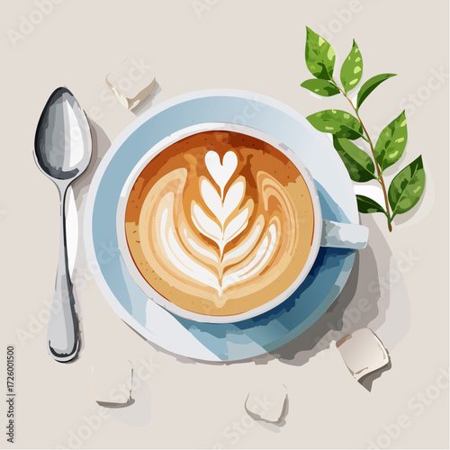 Delicious Latte Art A Spoonful of Sugar and a Sprig of Greenery Delight in a Minimalist Scene
