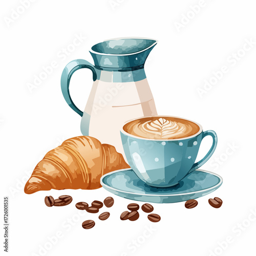 Watercolor portrayal of a delightful gourmet coffee and croissant breakfast, complete with latte art, fresh milk, and scattered beans for a cozy morning treat