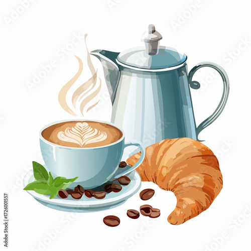 Steaming coffee cup with latte art, golden croissant, and classic coffee pot illustration. Ideal for a cozy morning breakfast